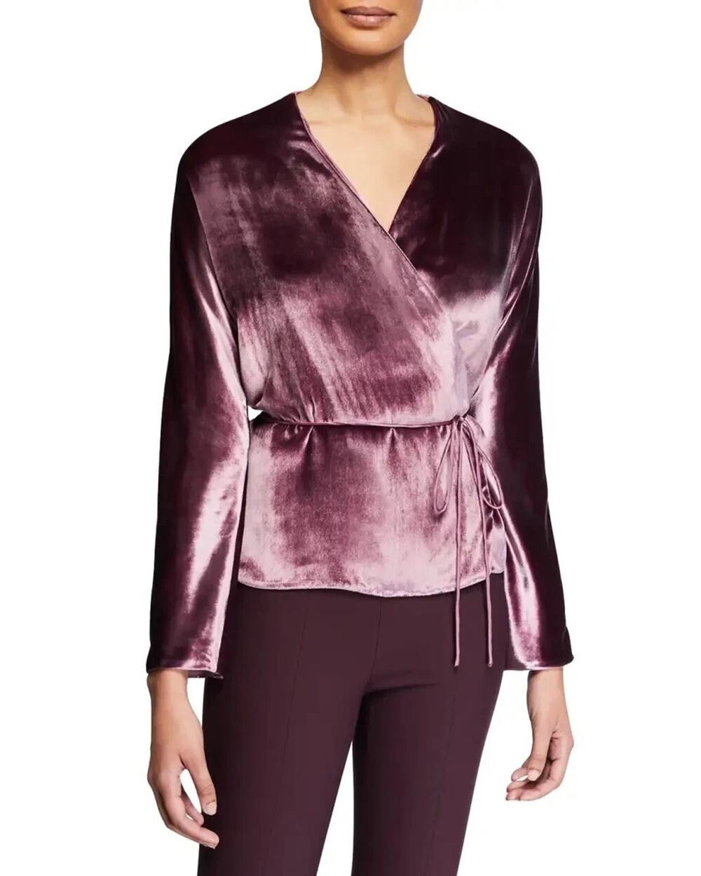 Vince Panne Velvet Wrap Top Blouse Long Sleeve V Neck Velour Purple L